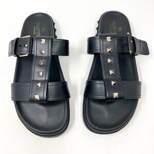 Valentino Garavani Rockstud Black Leather Slide Sandal Flat platform size 40 EU